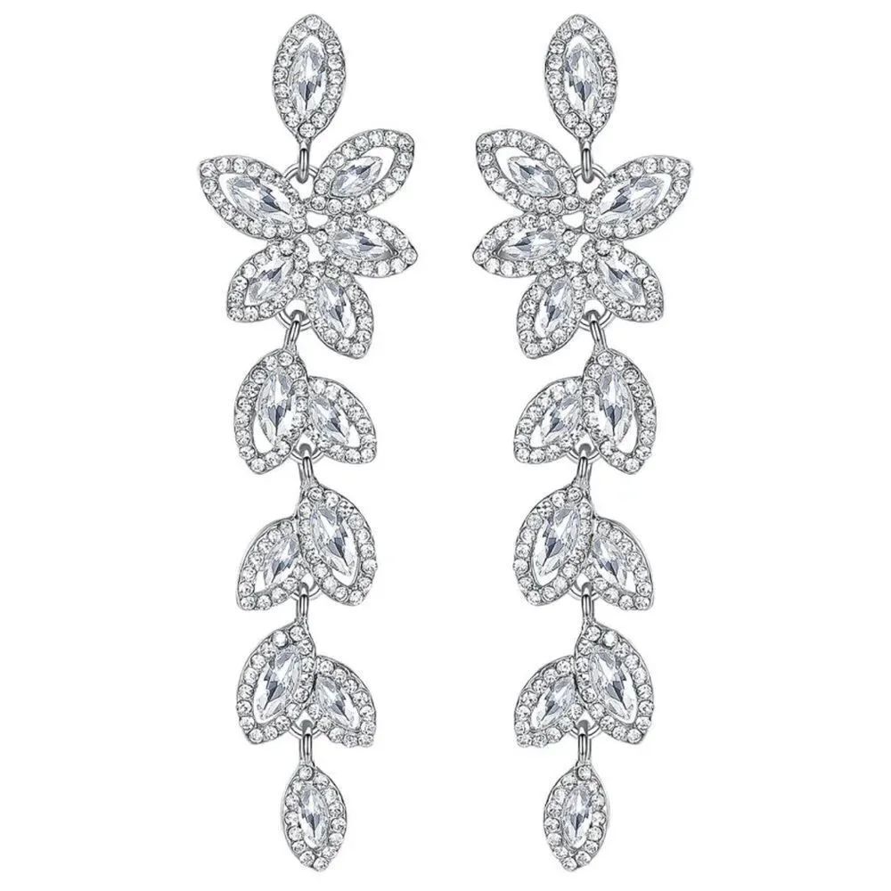 Silver with White Diamond Crystal Leaf Chandelier Dangling Post Back Earrings